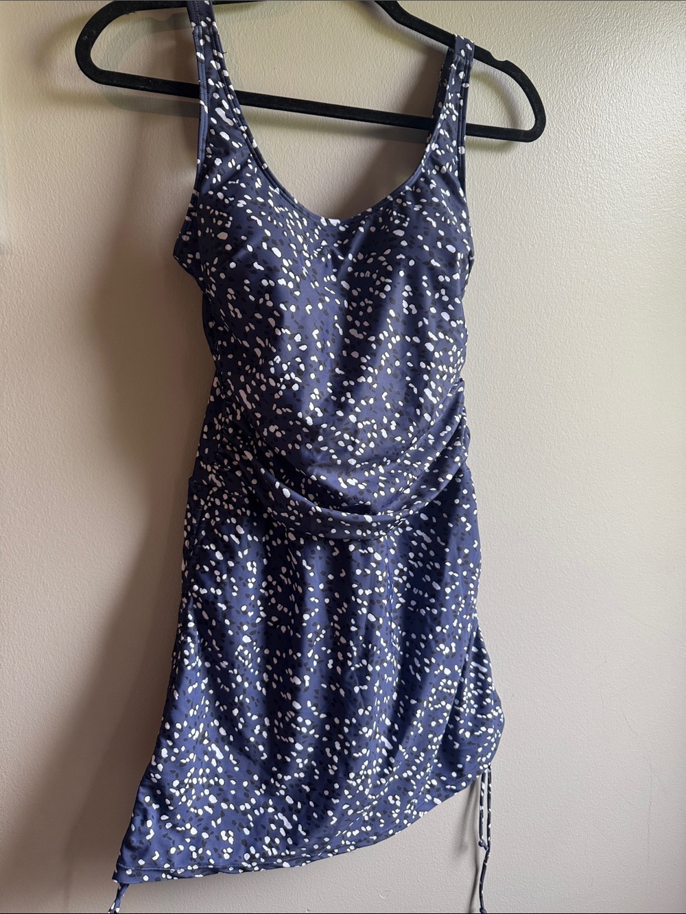 Navy and White Printed Ruched Tank Dress Swimsuit